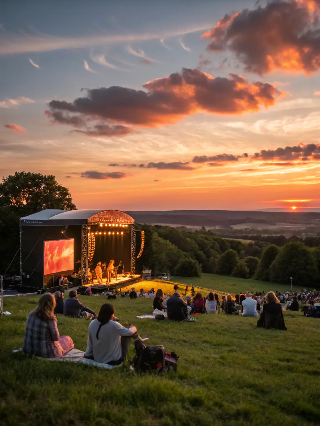 A dynamic image of a live multidisciplinary performance taking place outdoors, featuring dancers, musicians, and visual artists interacting on stage, with a diverse audience watching attentively in the background, under a canopy of trees and string lights.