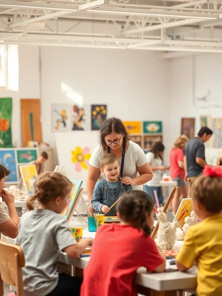 A vibrant photograph capturing a collaborative art workshop in progress, showcasing participants of diverse ages and backgrounds actively engaged in creating artwork, with paintbrushes and colorful materials scattered across tables, set in a brightly lit, open studio space.