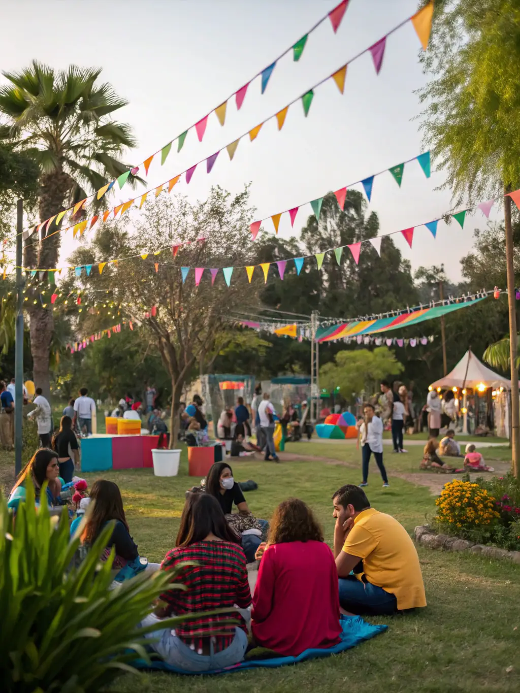 A photograph of a community event organized by LA CUVE, showing people of different backgrounds interacting and enjoying themselves in a public space, with food stalls, art displays, and live music creating a festive atmosphere.